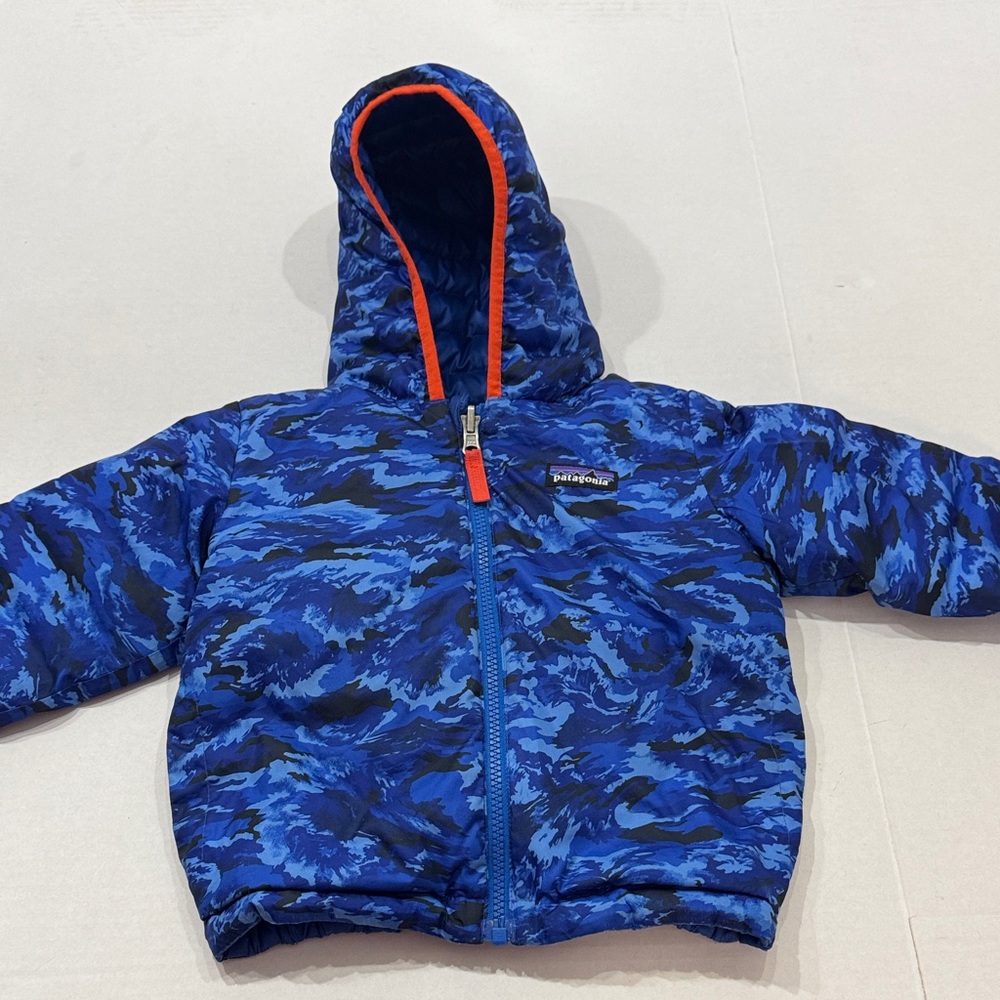 Patagonia Blue and Black Camouflage Jacket with Orange Trim